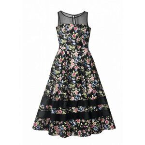 Aidan Mattox Black Floral Midi Dress Illusion Neck Fit Flare Size 8 NWT
